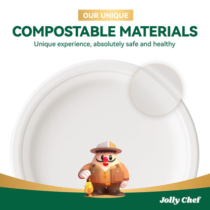 JOLLY CHEF Compostable Heavy Duty Plates 𝟭𝟬 𝗜𝗻𝗰𝗵 [𝟭𝟮𝟱 𝗣𝗮𝗰𝗸] Eco-Friendly Disposable White Paper Plates Made of Bagasse Biodegradable for Party Dinner Sugarcane Fibers Thanksgiving Day