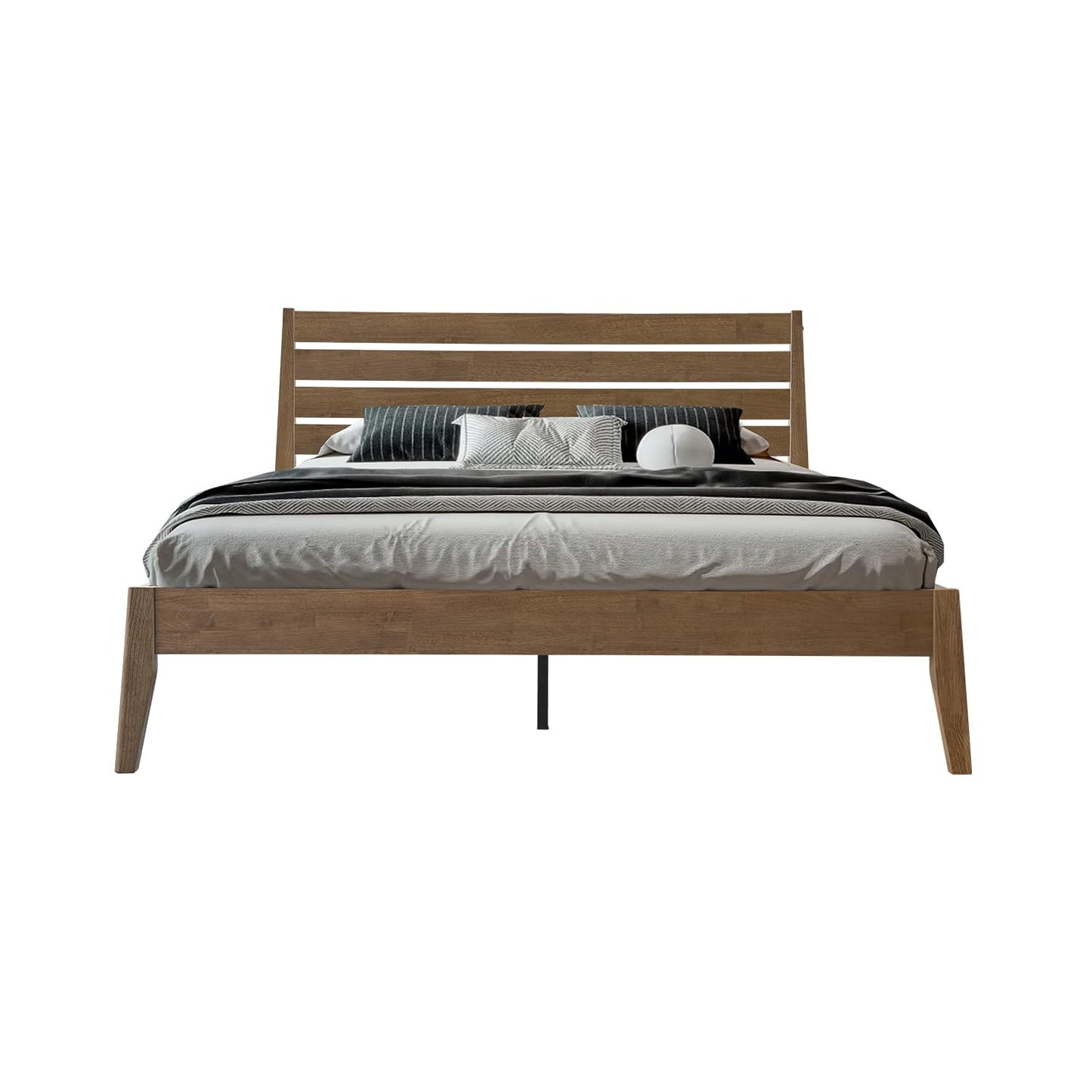 Queen Size Bed Frame, Solid Wood Platform Bed with Headboard & Footboard, Center Metal Legs, 12 Strong Slatted Base, No Box Spring Needed, Anti-Noise & Slip-Free Easy Assembly, Barnwood Finish RKQ-30