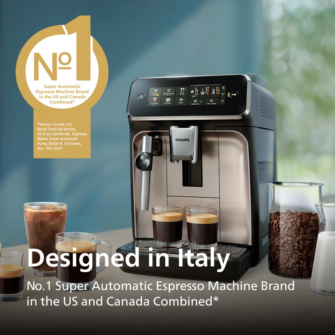 Philips 3300 Series Fully Automatic Espresso Machine with integrated milk frother and grinder, 5 Hot & Iced Coffee Pre-Sets, 40% Quieter SilentBrew, 15-Bar Pressure, Glossy Black (EP3326/90)
