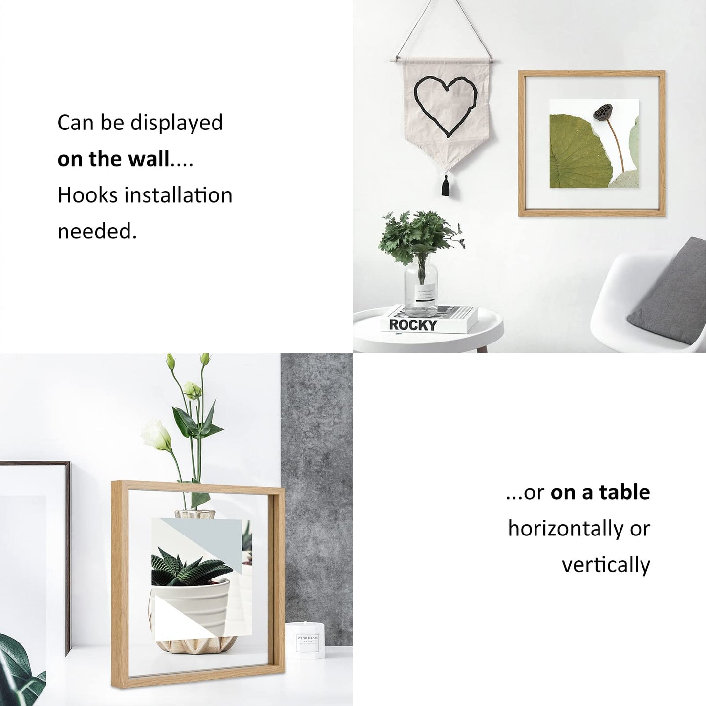 MUYE 10x10 Floating Frame Set of 2,Double Glass Square Photo Frame,Display Any Size Photo up to 10x10,Wall Mount or Tabletop Standing,Natural