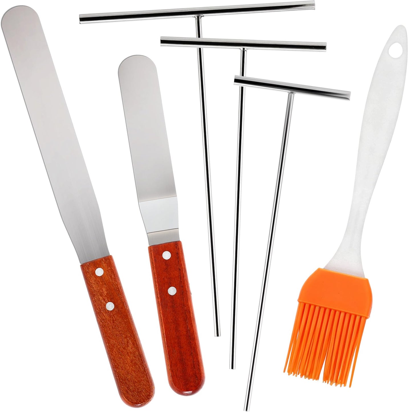 Acellegic 6 Pcs Crepe Spreader and Spatula Kit Stainless Steel 3.5", 5", 7" T-shaped Batter Spreaders, 12" Offset Spatulas 10" Curved Offset Spatulas and Basting Brush for Pancake Cooking Tool(Wood)