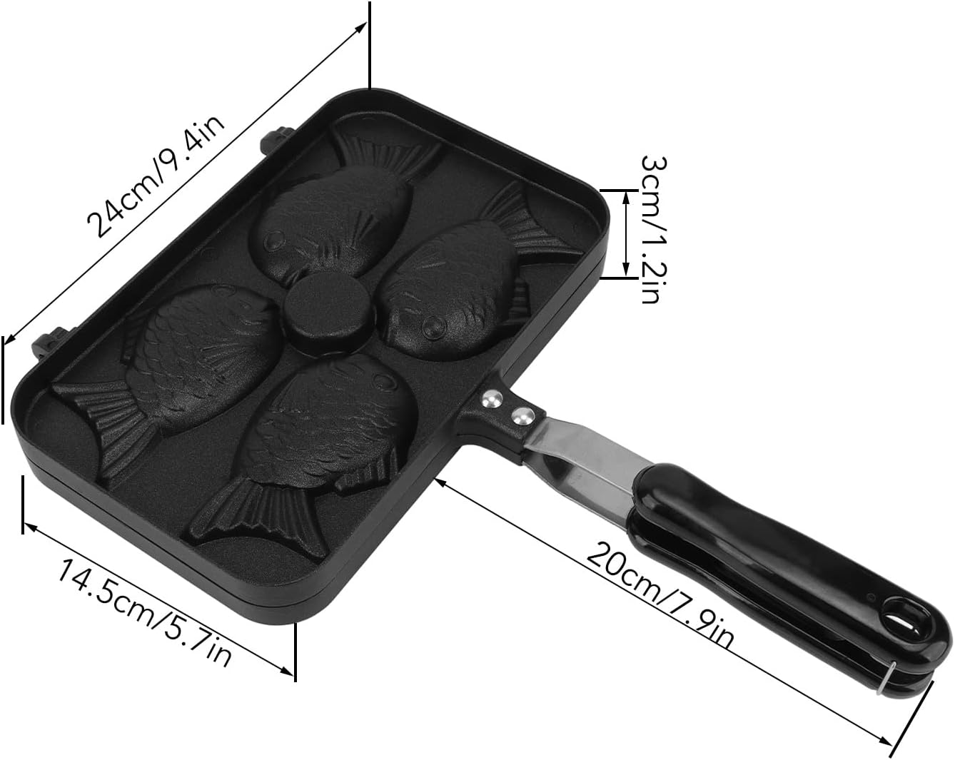 Taiyaki Pan, Non-Stick Double Sided Frypan with 4 Grids, Black Anti-Scalding Handle, Fish Shape Aluminium Waffle Maker