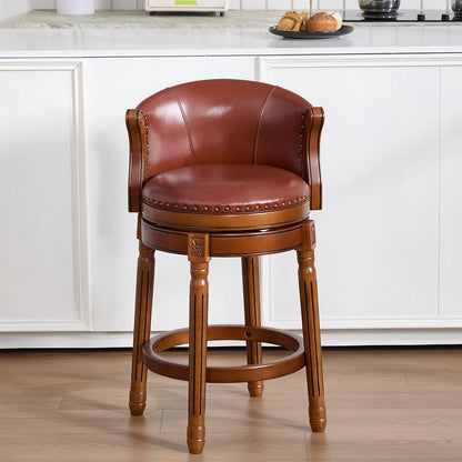 GDFStudio Cow Top Leather Wood Bar Stool with Backrest, 360 Degree Swivel Counter Height Bar Stool, Upholstered Solid Wood Rustic Farmhouse Bar Chair for Kitchen Island Home Bar Dining, New Brown 26"