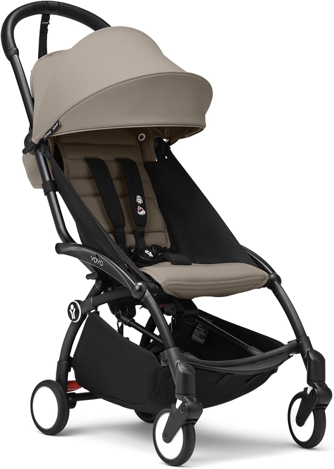 Stokke YOYO3 Stroller from 6 Months - Includes Black Frame/Taupe Seat Cushion + Canopy - Folds in & Out in a Flash - Light & Compact - Carry-On Compatible