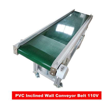 BREVELTION 59inch 110V PVC Inclined Wall Conveyor Belt Double Baffle Green PVC Belt Height Adjustable 11.8inch Wide 120W