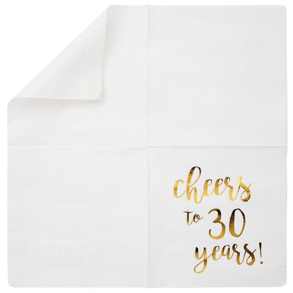 Juvale Cheers to 30 Years Cocktail Napkins, 5 x 5 In, 3-Ply White & Gold Foil, 50 Pack