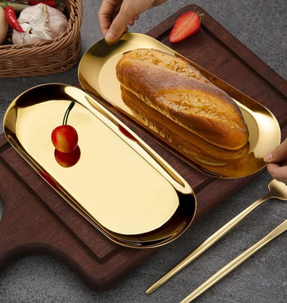 Gold Tray 2 Pack, Stainless Steel Decorative Tray for Bathroom, Jewelry, Vanity Storage, 9 Inch-Oval