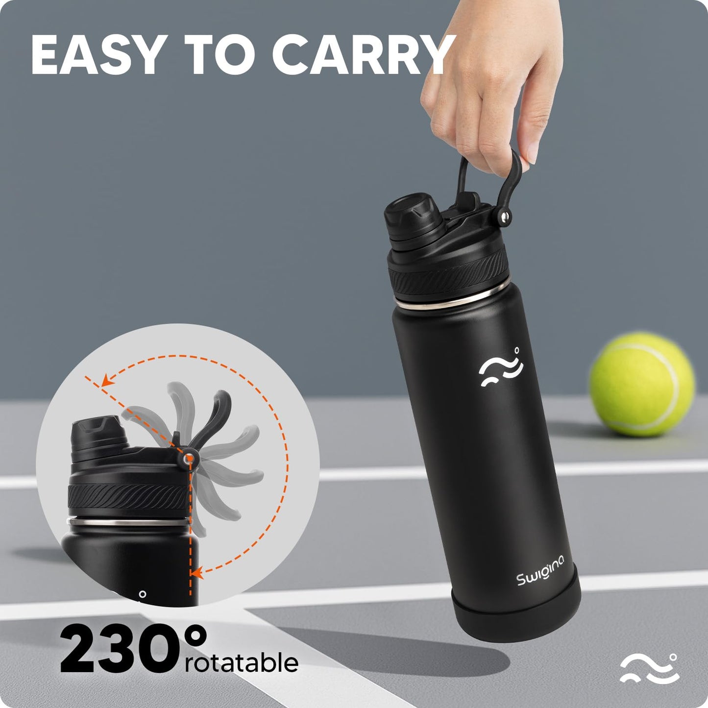Swigina [2-IN-1 LID] Insulated Water Bottle with Silicone Boot (36hrs Cold/18hrs Hot) - DIY Stickers, Leakproof, BPA Free, Black, 24 oz