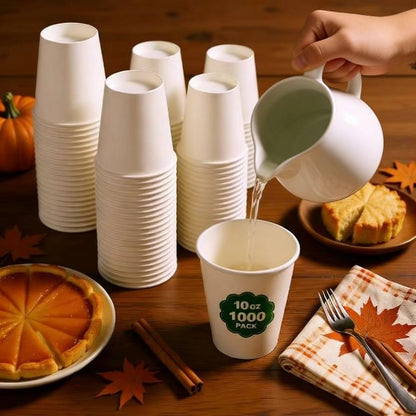 Nosttuff Coffee Cups 10 oz 1000 Pack - Leakproof & Sturdy Disposable Paper Cups for Hot & Cold Drinks (BPA Free), Bulk White Paper Cups for Office, Home, Cafe, Party, Events