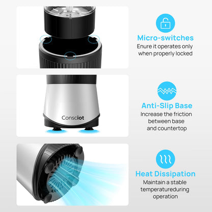 Consciot CB08 11-Piece Blender for Kitchen and Personal Size, Blend Shakes and Smoothies, Frozen Drinks, Baby Food, Spreads & More, 3 Portable To-Go Cups & 2 Spout Lids & 1 Solid Lid, 900 Peak Watts