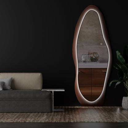 osemy 67"x 26" LED Wood Full Length Mirror with Lights Irregular Wavy Full Body Mirror Shatter-Proof Hanging/Leaning Wall Mounted Walnut Wooden Framed for Dressing Bedroom Living Room