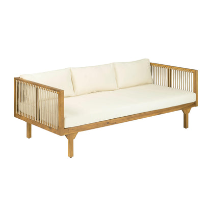 Merax Outdoor Acacia Wood Conversation Set - Patio 3-Seat Loveseat Sofa w/Coushion and Round Coffee Table for Backyard, Lawn, Balcony, Water Repellent, 600 lbs Sofa Capacity, Teak +Beige