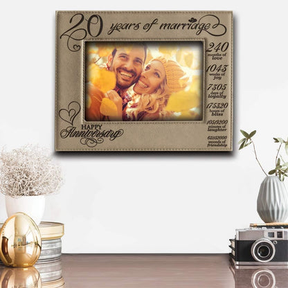BELLA BUSTA 20 Years of Marriage Engraved Leather Picture Frame, 5 x 7 Horizontal, Anniversary Gift