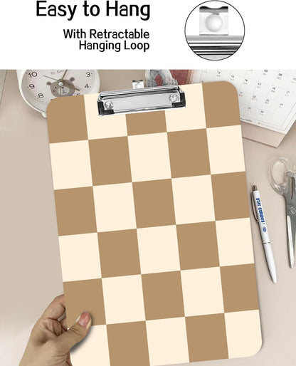 Fashion A4 Clipboard, Standard Letter Size 9" x 12.5", Decorative Wooden Clipboard with Low Profile Metal Clip for Office, School, Teachers, and Students, Coffee Checkered