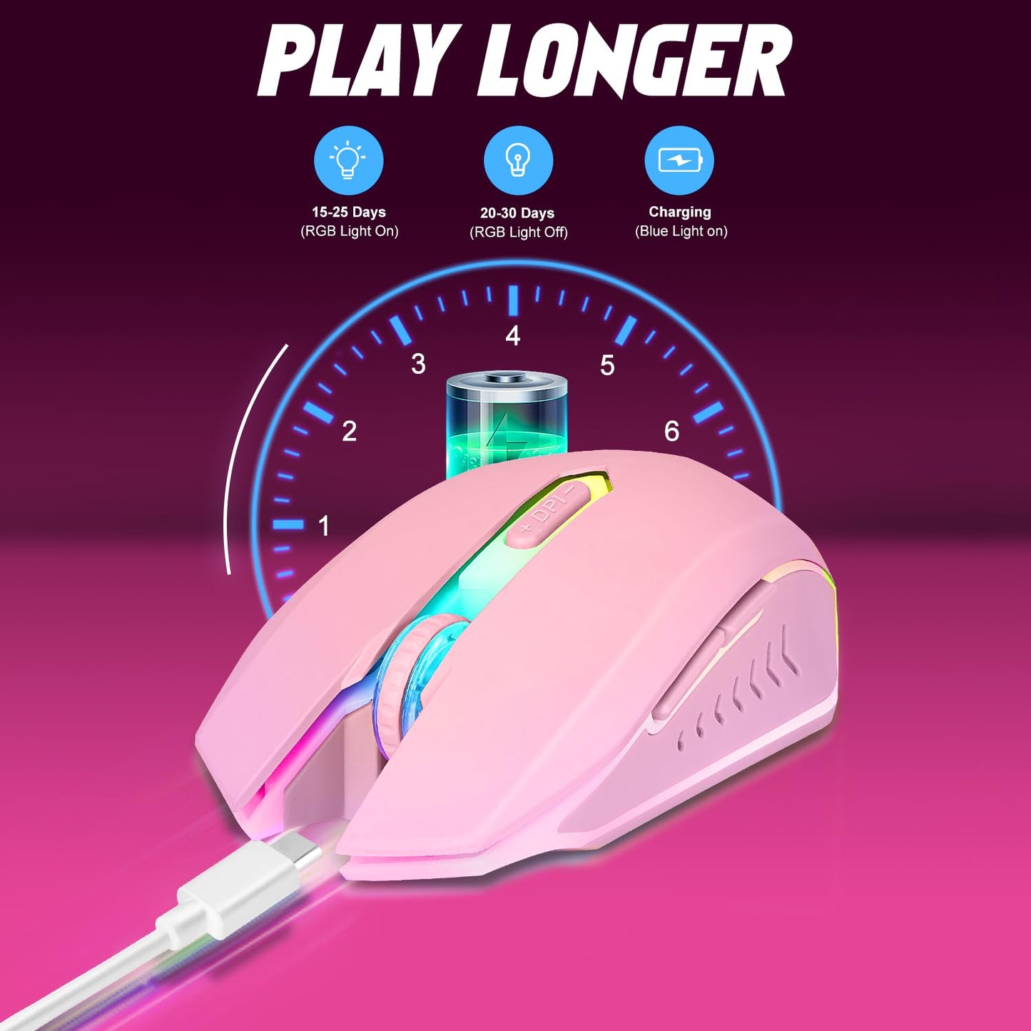 Wireless Gaming Mouse, Rechargeable Wireless Computer Mouse, 7-Color LED Light, Ergonomic Mouse with 6 Silent Click Buttons, 3 Adjustable 2400 DPI Wireless Mouse for Laptop,PC,Mac, Black