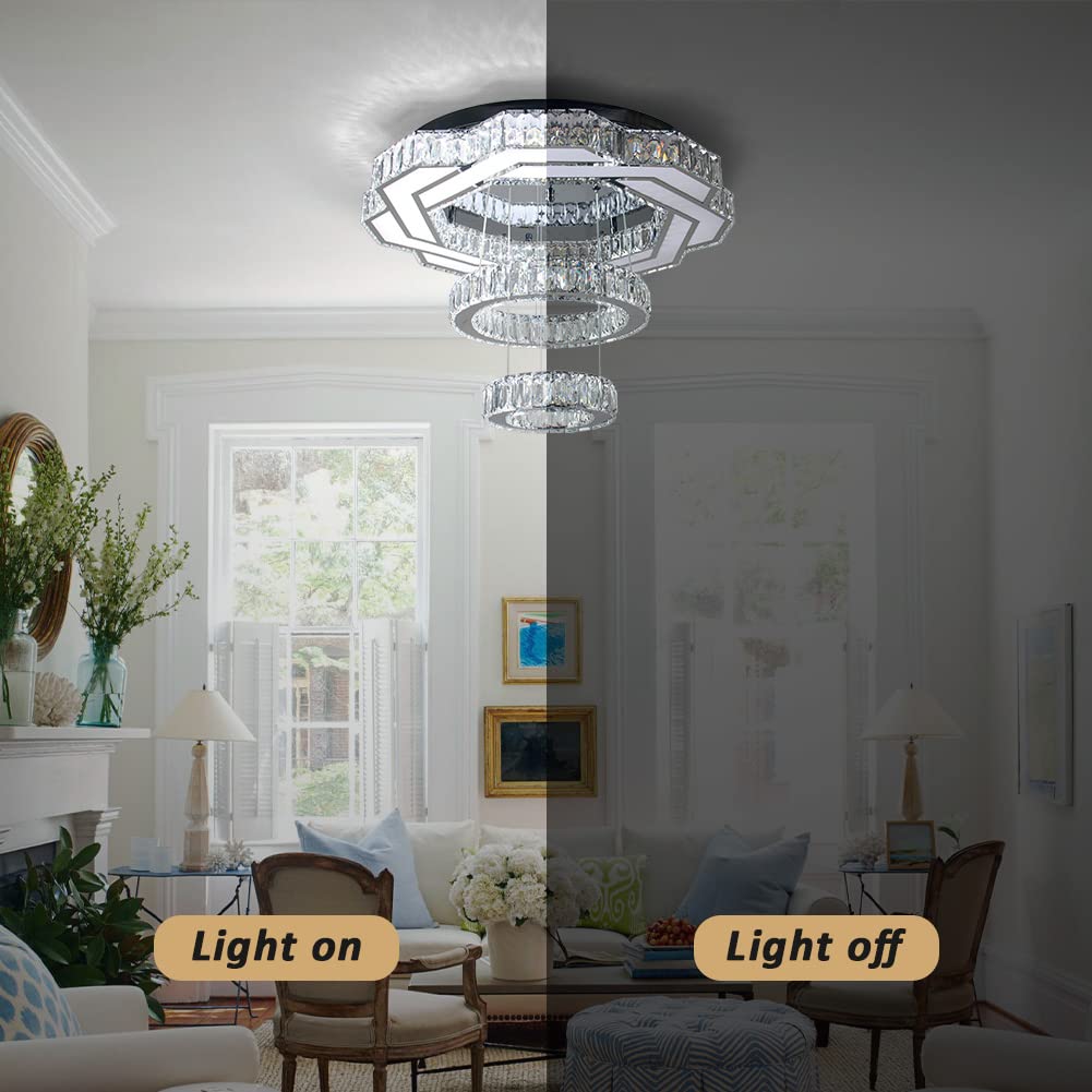xychfantligh 22.5" Crystal Chandeliers Living Room Modern Chandelier Crystal Ceiling Light LED 2 Rings Pendant Light Flush Mount Chandelier for Bedroom Dining Room Entryway (Cool White)