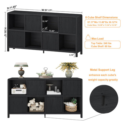 FATORRI 8 Cube Storage Organizer Bookshelf with 4 Doors, Low Horizontal Bookcase with Storage, Long Wood Book Shelf for Dining, Home Office (Black)