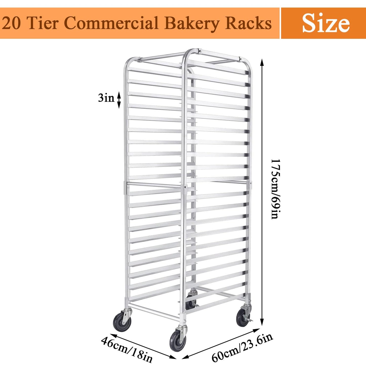 Zocgioe Bun Pan Rack, 10/20-Tier Commercial Bakery Racks with Brake Wheels, Bakery Rack, Aluminum Racking Trolley Storage, for Kitchen, Restaurant, Cafeteria, Pizzeria,20Tier