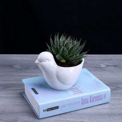 Yardwe Ceramic Bird Shape Succulent Plant Container with Tray Small White Flower Pot for Indoor Desktop Decor