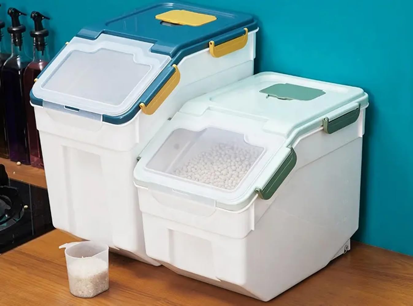 Qiveno Large Flour Storage Container Bin 25Lb, 2Pack Airtight Rice Storage Containers with Wheels Seal Locking Lid, BPA Free with Measuring Cup&Scoop for Flour, Rice, Grain(Blue)
