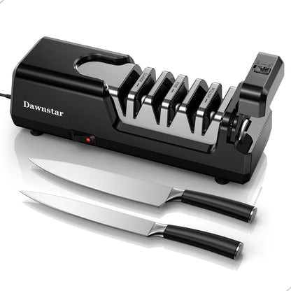 Dawnstar Electric Knife Sharpener, Precise 20° Diamond Knife Sharpener for Kitchen Knives, Quick Repairing in 40 Seconds, with Metal Dust Collection Box & Special Port for Scissors, Black