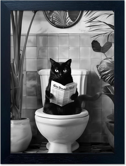 Skiennix Black Cat Bathroom Wall Art - Humorous Framed Canvas Print | Small Size, Black & White Design