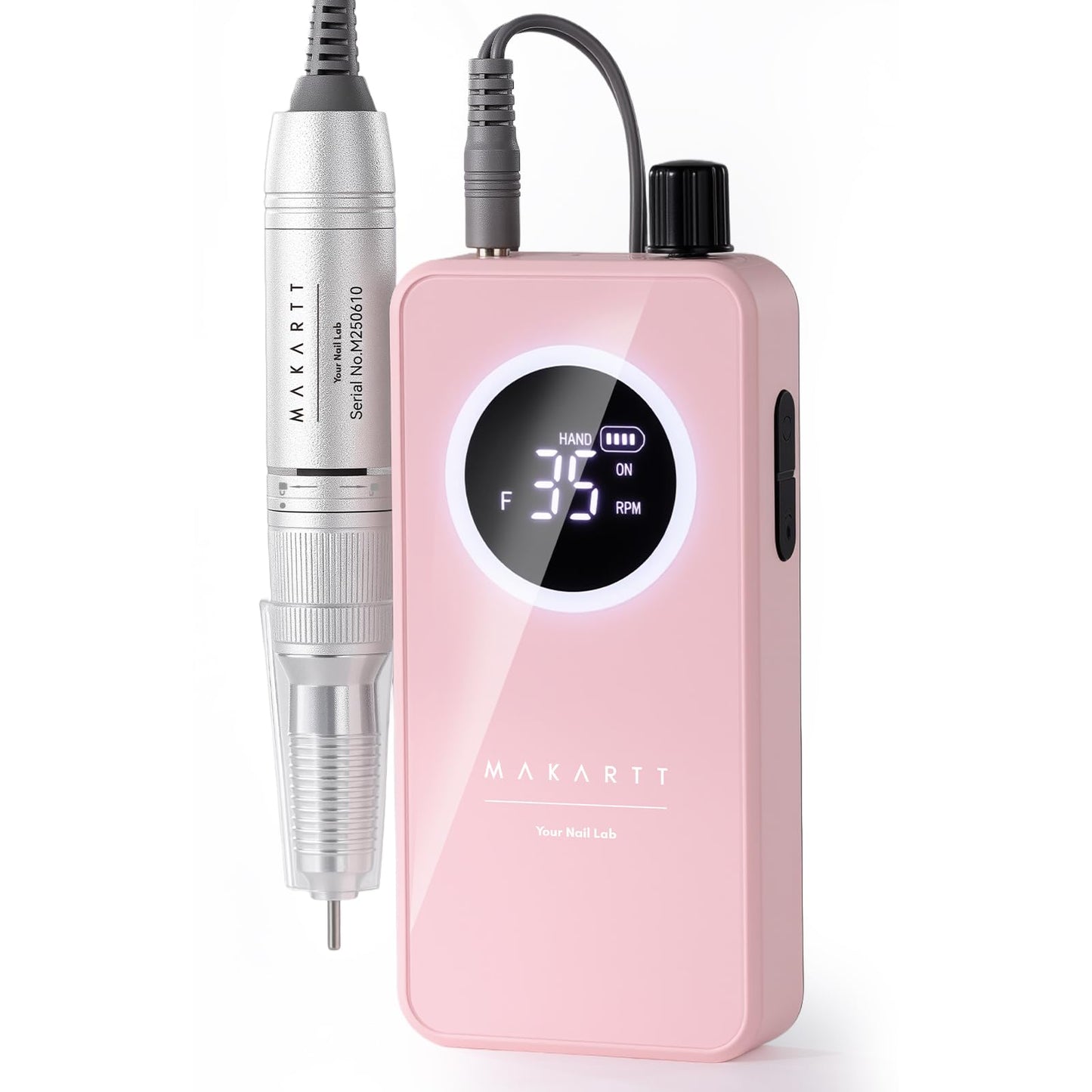 Makartt Nail Drill Professional: 60W 35000RPM Electric Nail File with Coreless Motor, 2 in 1 Desktop & Portable, Drill Bits and LCD Display for Acrylic Gel Nails, Nouvella Pink