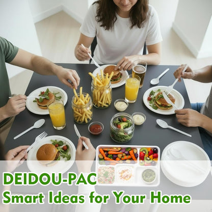 BEIDOU-PAC 5 Compartment Compostable Heavy Duty Disposable Paper Plates, 300 Count | 10.3" X 8.3" | Natural Bagasse, White Biodegradable Eco-Friendly School Lunch, Buffet, Party Sugarcane Tray