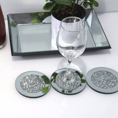 GIMORRTO Glass Mirrored Coaster 4 PC, Crushed Diamond Round 4" Cup Mat Decor on Tabletop for Bar Tools Dining Table