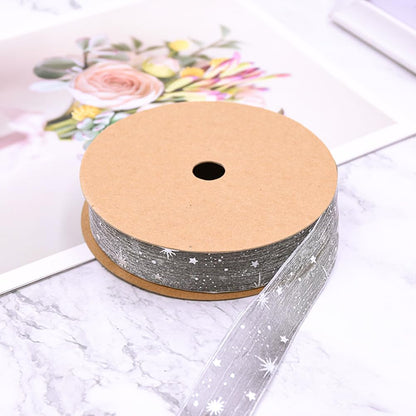 CABODYALS 40 Yards Grey Star Transparent Ribbons Sheer Wrapping Ribbon Silver Stars Stamping Organza Chiffon Silk Print Ribbon for Sewing Making Craft Gift Wrapping DIY Christmas Dress Decor Supplies