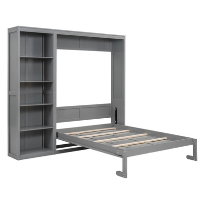 Merax Space-Saving Gray Murphy Bed Full Size with Adjustable Storage Shelves, Multifunctional Foldable Wall Bed for Small Spaces Studio Study Office Guest Room