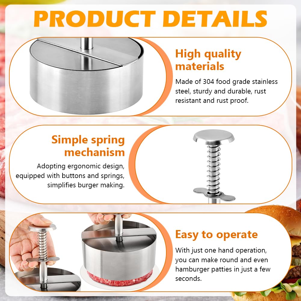 Waylenbo Burger Press 4.5 Inch, 304 Stainless Steel Hamburger Patty Maker with Spring Button & 50 Parchment Papers, Easy Release Non-Stick Mold for Ground Beef, BBQ, Dishwasher Safe