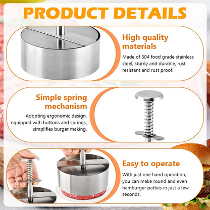 Waylenbo Burger Press 4.5 Inch, 304 Stainless Steel Hamburger Patty Maker with Spring Button & 50 Parchment Papers, Easy Release Non-Stick Mold for Ground Beef, BBQ, Dishwasher Safe
