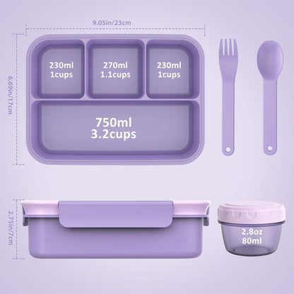 Caperci Bento Box Adult - 50 oz Large Lunch Containers for Adults and Teens, 4-Compartment Bento Lunch Box with Utensils & Leak Proof Sauce Cup, Dishwasher Safe, Durable, BPA-Free (Lavender)