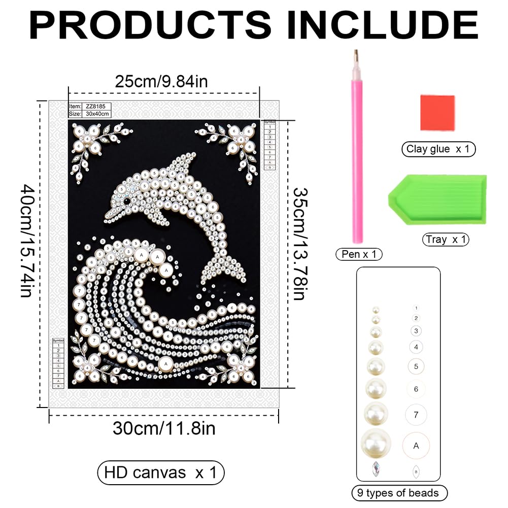 Kulvci Dolphin DIY 5D Pearl Painting Kit, Diamond Painting Kit for Adults Beginner, Bead Art Kits All-Pearl Dot Painting for Wall Decor, Creative Stress Relief Gift Home Decor,12 × 16 inch