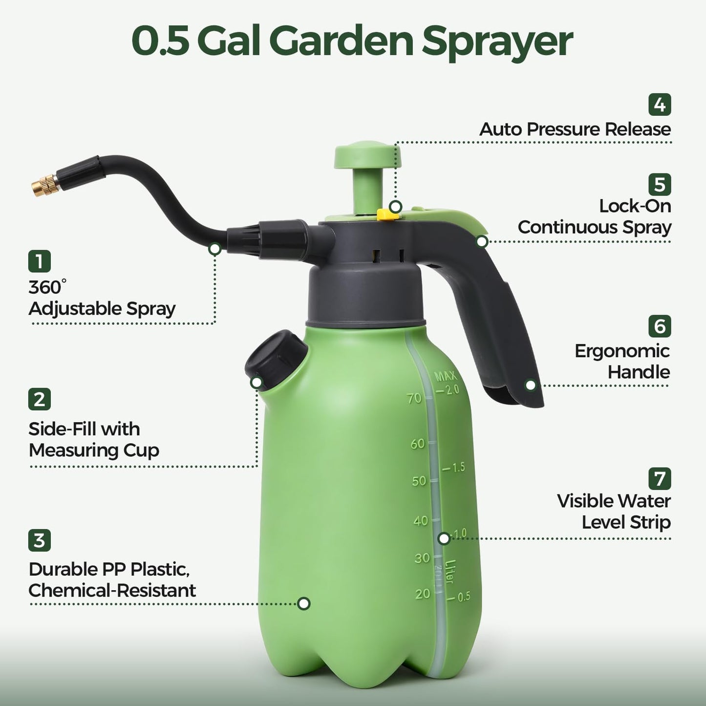 T4U 1/2 Gallon Pump Sprayer with Flexible Adjustable Nozzle, PP Hand Pump Pressure Sprayer with Built-in Measuring Cup for Home Garden Plant Care and Household Cleaning, Indoor & Outdoor Use