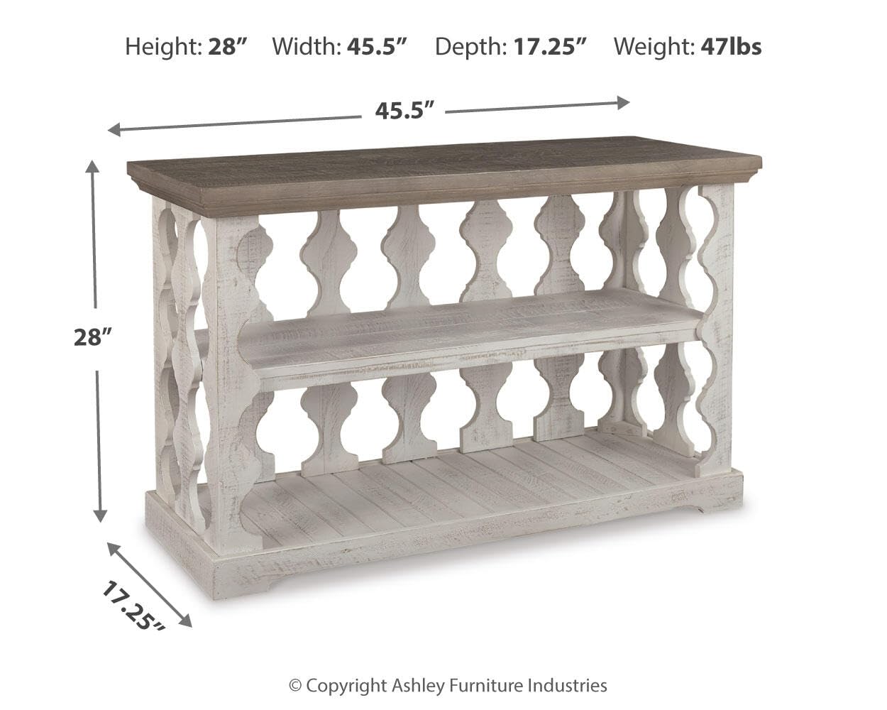 Signature Design by Ashley Havalance Farmhouse Console Sofa Table, Fixed Shelf, Pine Wood, 45.5" W x 17.25" D x 27.88" H, Distressed Finish, Gray & White