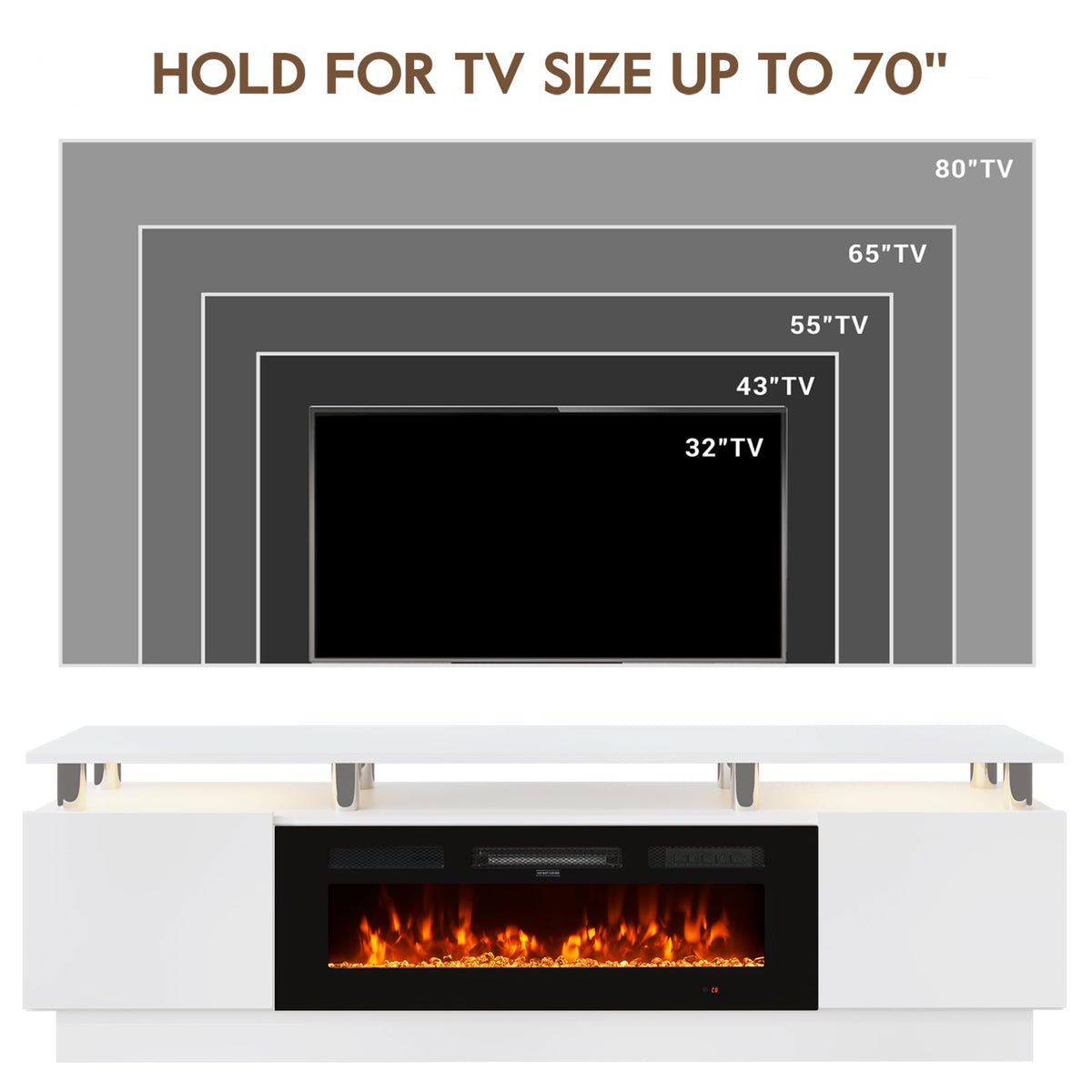 OneBlis 70" Fireplace TV Stand for TVs UP to 80", Electric Fireplace Entertainment Center with LED Lights & Storage Cabinets, TV Console for Living Room, Office, White-Black