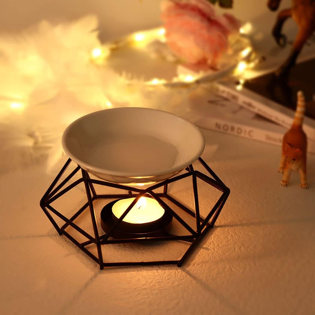 SXCHEN Essential Oil Burner - Ceramic Tealight Wax Candle Burner, Black Metal Aroma Diffuser (Set of 1)