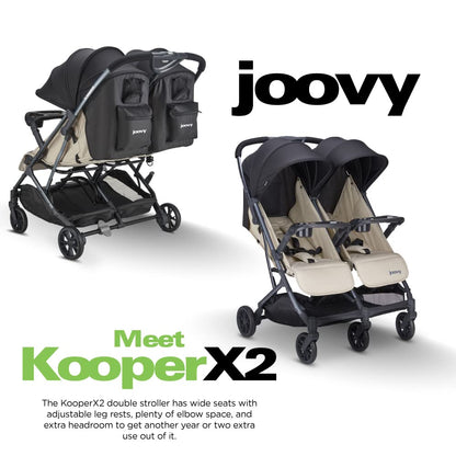 Joovy Kooper X2 Double Stroller, Lightweight Travel Stroller, Compact Fold with Tray, Sand