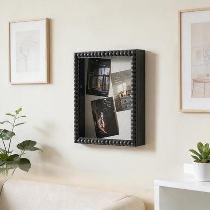 Shadow Box Frame 11x14 - 2" Interior Deep Solid Wood & Glass Display Case with Unique Beads Door, Deep Memory Box for Photos, Memorabilia, Collections, Awards, Tickets-Black