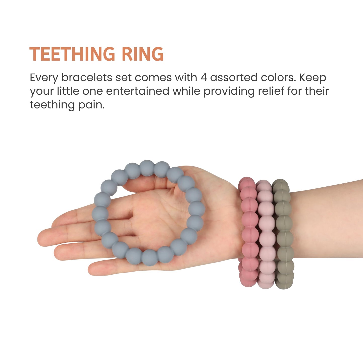 Nearbyme Silicone Teether Rings, 4 Neutral (White, Beige, etc.) Baby Teether Bracelets for 3m+ Babies to Self-Soothe