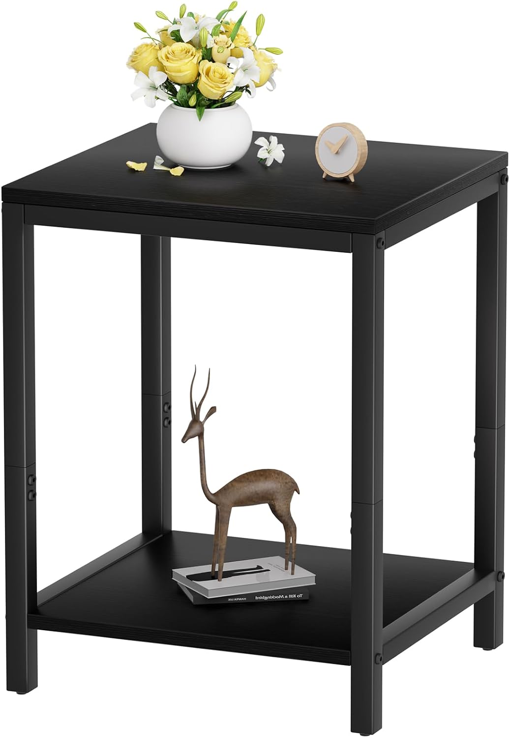 13.3''D 2 1PCS, SAYGOER Black End Tables Small Side Table with Storage Wood Night Stand Metal Frames Tier Bedside Table