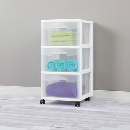 Sterilite 8 Pack Plastic Storage Organizer, 3 Drawer Rolling Bin Cart, Closet Organization, White