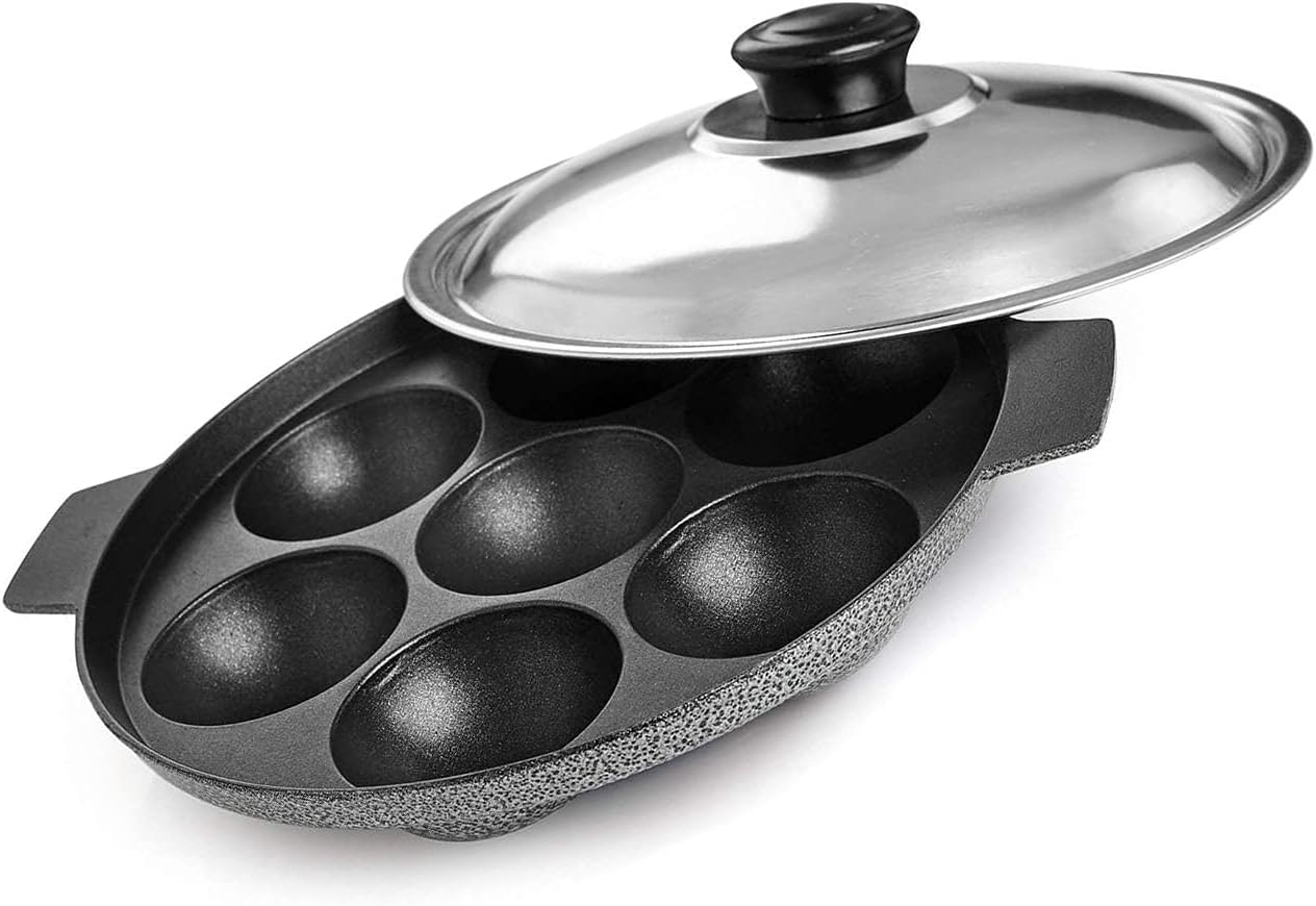SHRIYA Appam Patra Non-Stick Pan, 7 Cavities, Paniyaram Pan with Stainless Steel Lid