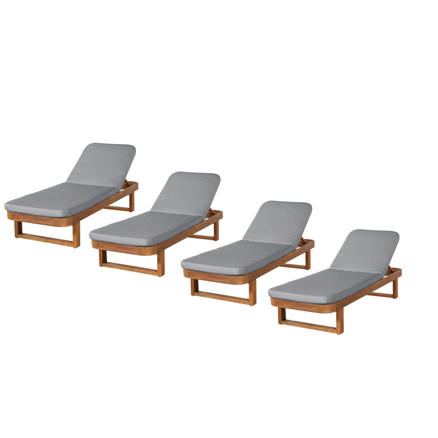 Christopher Knight Home Milos Acacia Wood Chaise Lounge Chair Outdoor Set of 4, Wooden Sunbathing Pool Lounger, Patio Chaise Lounge with Cushions, Adjustable Backrest Lounge Sofa, Light Gray+Teak