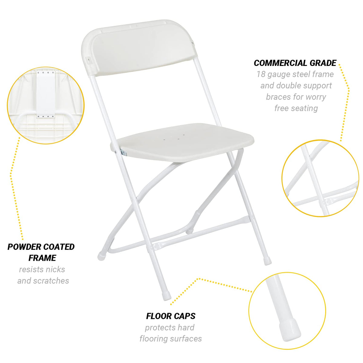 UPGORILO Set of 10 Folding Plastic Chairs in White - 650 lbs. Static Weight Capacity per Chair