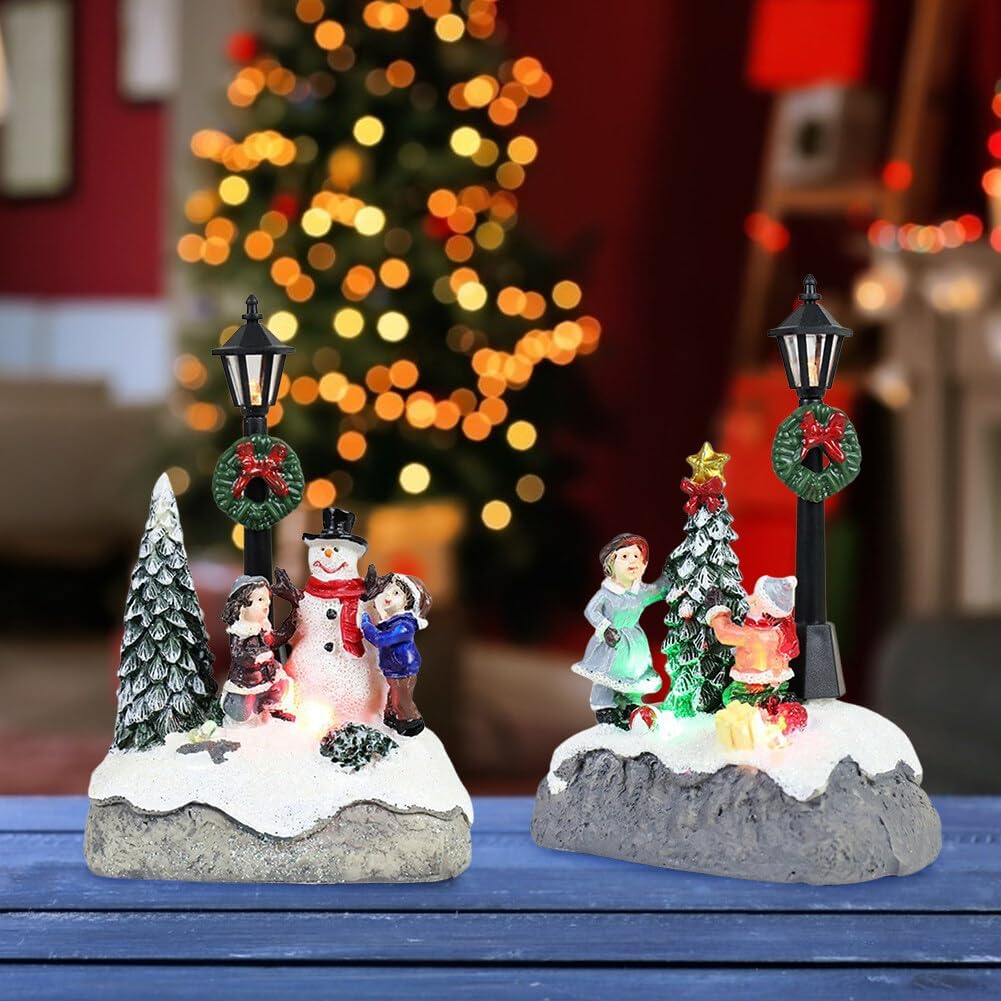 Christmas Town Village Decorations, Battery Operated Resin Scene Village Houses with LED Light