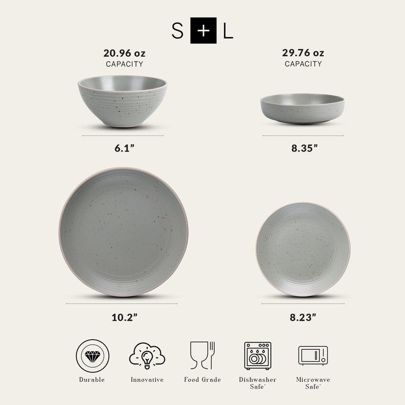 Stone Lain Lauren Stoneware, Rustic Plates and Bowls Set, Dinnerware, Service for 4, Speckled Green, Dishwasher & Microwave Safe, 16-Piece
