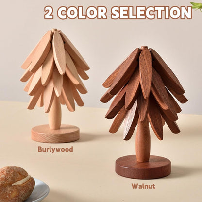 Wooden Tree Trivets for Hot Dishes - Set of 4 with Stand, Natural Foldable Kitchen 1 Stand Like a Christmas Tree Wooden Hot Pads Heat Resistant Trivets for Pots, Pans, Bowls & Teapots (Walnut-4)